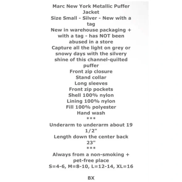 🌺 SOLD 🌺 Marc New York Metallic Puffer Jacket Small 2 4 Silver Stand Collar - Picture 2 of 16